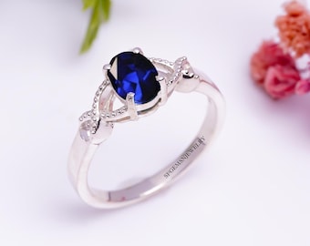Sapphire Ring Oval Cut Engagement Wedding Ring Solid 925 Sterling Silver Ring Blue Gemstone September Birthstone Ring