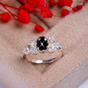 Bague bleuet saphir étoilé noir en argent sterling 925 Bague étoile Lindy promesse bague bijoux en saphir étoilé