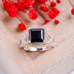 Princess Cut Black Onyx Ring Genuine Black Gemstone Ring Wedding Engagement Ring Sterling Silver Ring Black Ring