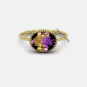 Ametrine Doublet Quartz Ring, 14K Rose Gold Plated Oval Cut Ametrine Quartz, Ametrine halo Ring, Bio Color Stone Ring, Ring for Gift