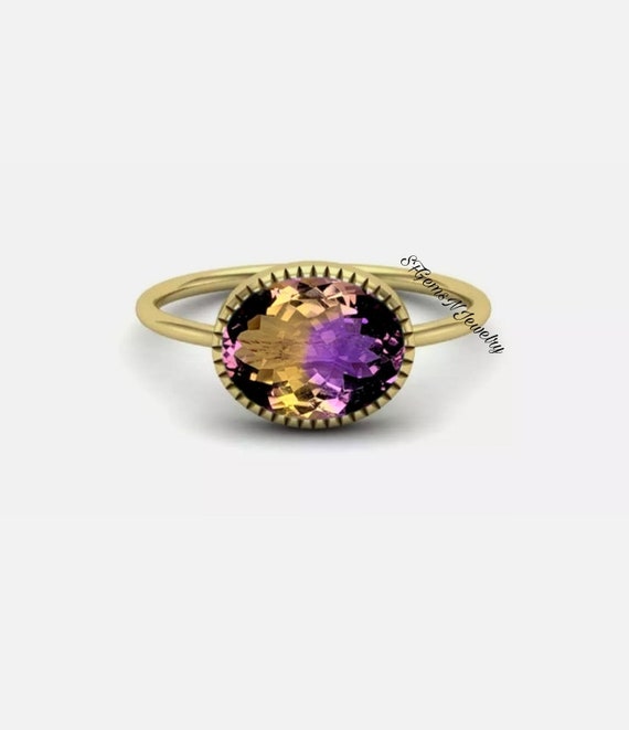 Ametrine Doublet Quartz Ring, 14K Rose Gold Plated Oval Cut Ametrine Quartz, Ametrine halo Ring, Bio Color Stone Ring, Ring for Gift