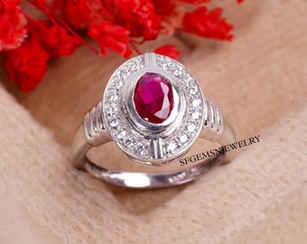 Solid Silver Lab Created Ruby Ring For Women Red Gemstone Statement Rings Engagement Ring Wedding Ring Gift For Her