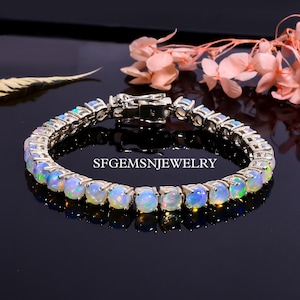 Natural Opal Bracelet-Opal Tennis Bracelet-Women Bracelet-925 Sliver Bracelet-Opal Gems Bracelet-Round Cabochon Bracelet-Jewelry Bracelet