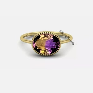 Ametrine Doublet Quartz Ring, 14K Rose Gold Plated Oval Cut Ametrine Quartz, Ametrine halo Ring, Bio Color Stone Ring, Ring for Gift image 3