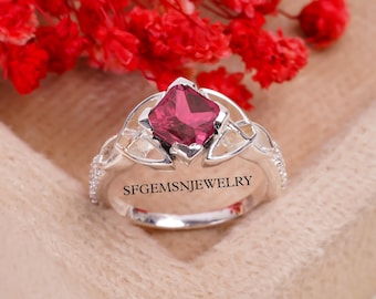 Genuine Lab Grown Ruby Ring, Ruby Engagement Rings, Princess Cut, July Birthstone, Delicate Ruby Ring, Sterling Silver
