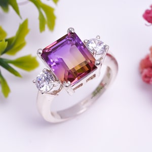 Emerald Cut Ametrine Ring Genuine Ametrine Bio Colour Octagon Shape Cut Stone Women&#39;s Ametrine Jewelry Ring
