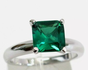 Princess Cut Emerald Ring Engagement Ring May Birthstone Green Gemstone Sterling Silver Ring Solitaire Ring Couple Ring