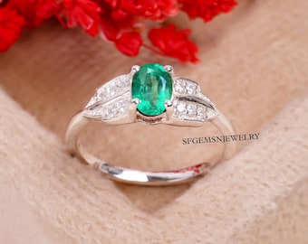 Anello con smeraldo 100% naturale - Anello con smeraldo verde - Anello con smeraldo ovale - Anello con gemme di smeraldo - Anello con smeraldo vintage - Anello in argento sterling 925 - Anello con smeraldo