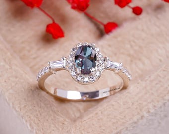 Vintage Alexandrite Ring, June Birthstone Ring, 925 Sterling Silver Ring, Oval Alexandrite Art Deco Wedding Ring, Promise Ring