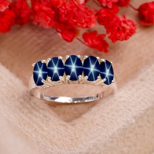Genuine Multi Lindy Star Sapphire Ring Sterling Silver 925  Blue Star Sapphire Ring for Women