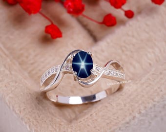 Star Sapphire Ring Sterling Silver 925 Blue Star Sapphire Ring Silver Lindy Star Ring