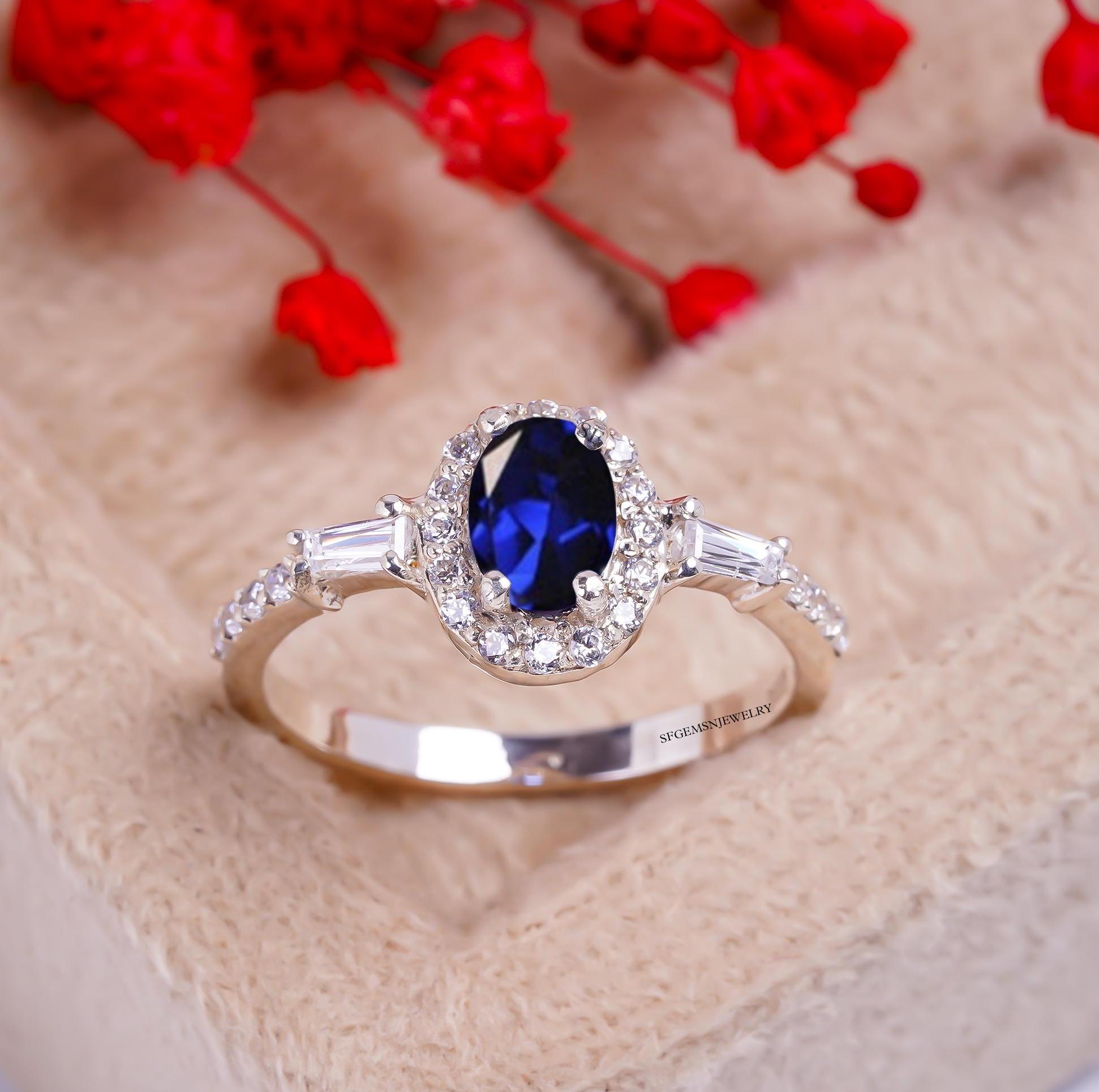Halo Anniversary Ring, Sapphire Ring, Oval Cut, Blue Gemstone, Sterling Silver ,September Birthstone