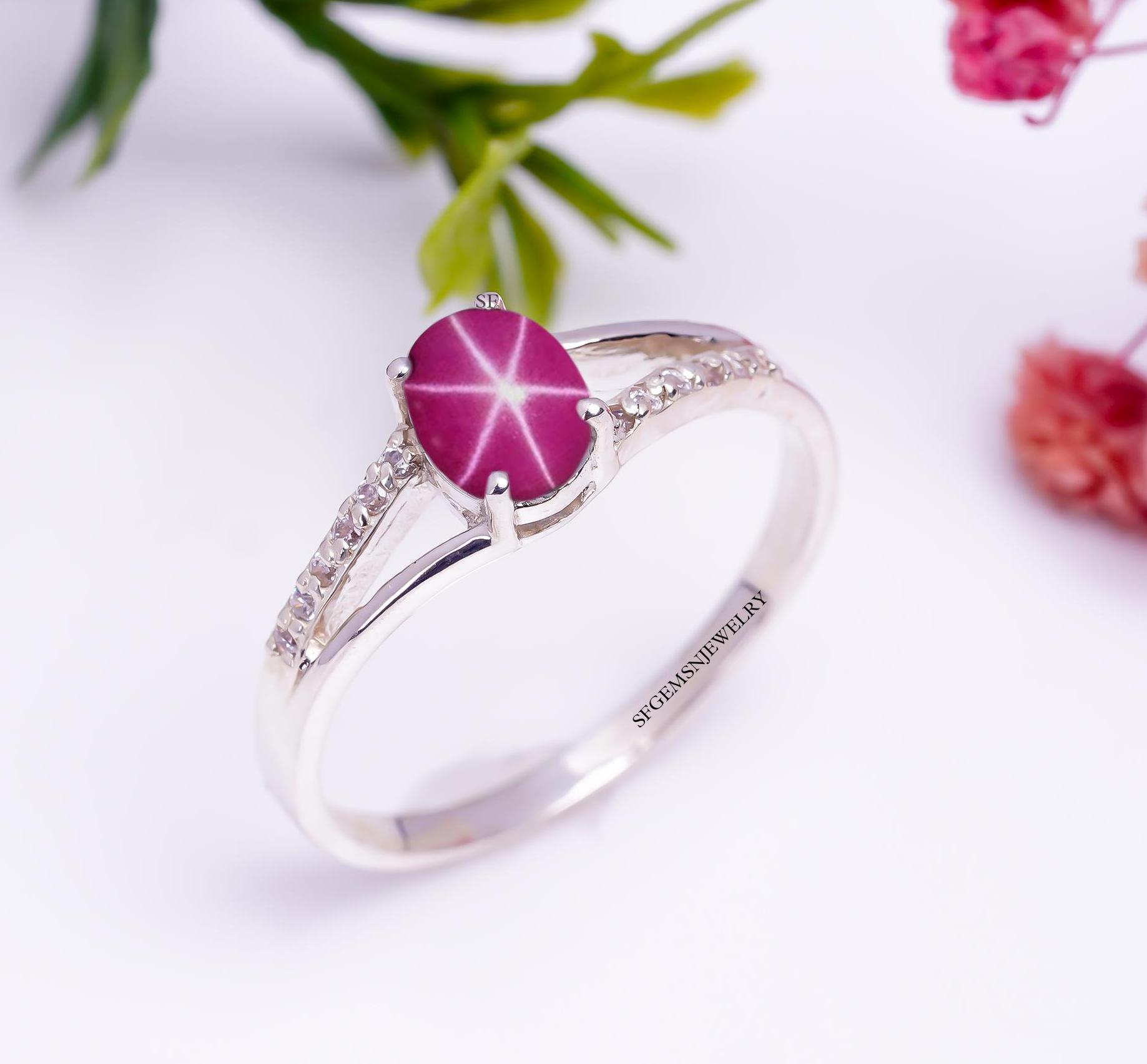@ スタールビー 指輪 宝石 ストーン シルバー リング ring ピンク ヴィンテージ ピンク スター ルビー リング、女性用スターリング