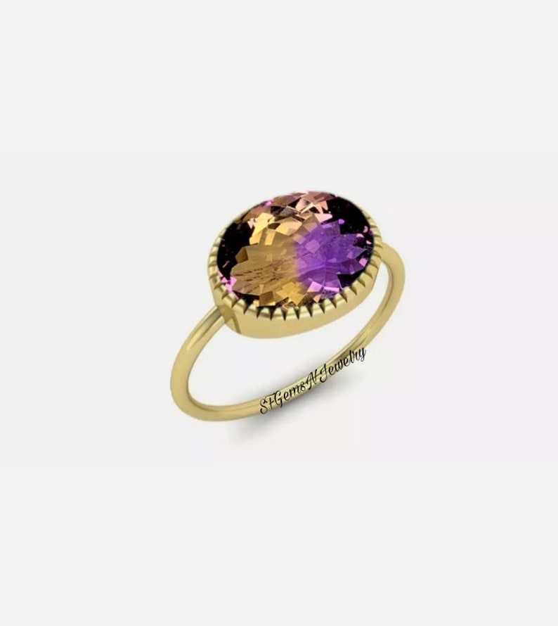 Ametrine Doublet Quartz Ring, 14K Rose Gold Plated Oval Cut Ametrine Quartz, Ametrine halo Ring, Bio Color Stone Ring, Ring for Gift image 2
