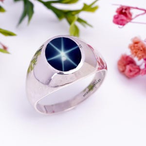 Genuine Star Sapphire Ring Sterling Silver 925  Lindy Blue Star Sapphire Ring for Men&#39;s