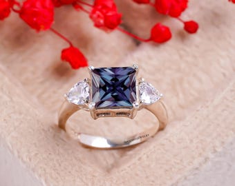 Lab Alexandrite Ring, Wedding Ring, Square Cut, June Birthstone, Colour Changing Ring