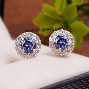 Round Cut Alexandrite Earrings, Stud Earrings, Sterling Silver Earrings, Colors Changing Gemstone Earrings, June Birthstone Earrings