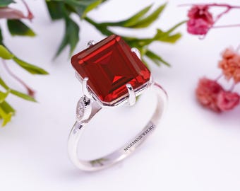 Lab Ruby Ring Emerald Cut Gemstone Ring July Birthstone Ring Unique Ruby Ring Promise Ring for Her