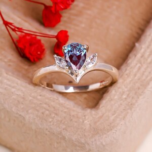 Lab Alexandrite Ring, Wedding Ring, Pear Cut, June Birthstone, Colour Changing Ring