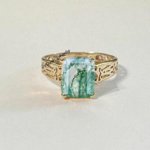 3ct Emerald Cut Natural Moss Agate Engagement Rings 14k Gold Plated Aquatic Agate Promise Ring Moss Agate Wedding Ring