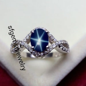 Genuine Lindy Star Sapphire Ring Sterling Silver 925  Blue Star Sapphire Ring for Women