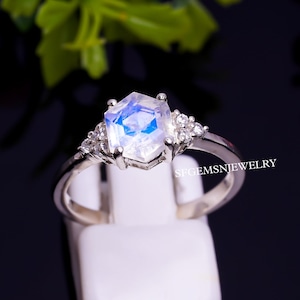 Hexagon Cut Moonstone Ring, White Gems Ring, Natural Rainbow Moonstone Ring, Promise Ring, June Birthstone Ring, 925 Sterling Silver Ring