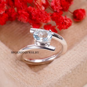 Fine Aquamarine Ring Sterling Silver Oval Cut March Birthstone Vintage Engagement Ring for Women