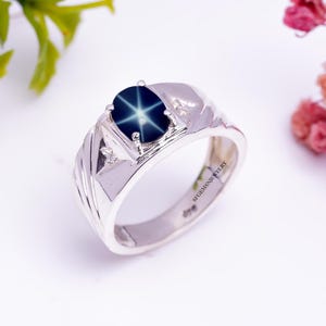 Blue Star Sapphire Ring for Men&#39;s Genuine Lindy Star Sapphire Ring Sterling Silver 925