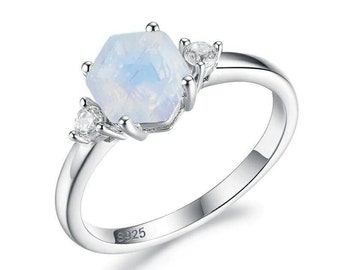 White Gems Ring, Natural Rainbow Moonstone Ring, Promise Ring, June Birthstone Ring, Hexagon Cut Moonstone Ring, 925 Sterling Silver Ring