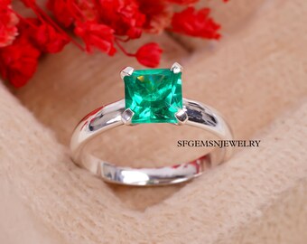 Princess Cut Emerald Ring Engagement Ring May Birthstone Green Gemstone Sterling Silver Ring Solitaire Ring Couple Ring