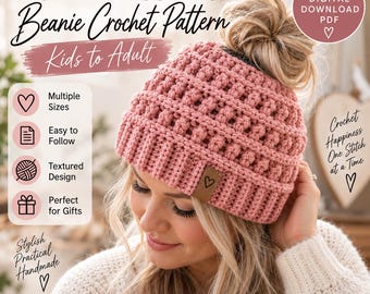 Molly Messy Bun Beanie Crochet Pattern, Kids & Adult, PDF Digital Download