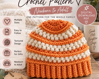 May include: A crochet beanie pattern titled Molly Beanie Crochet Pattern Newborn to Adult. The digital download PDF features a textured orange and cream striped hat with a ribbed brim. Text includes Multiple Sizes, Easy to Follow, Textured Design, Perfect for Gifts, Newborn to Adult, and Good Hats Brighter Days.