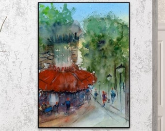 Paris Café Artwork | Paris Street atmosphere | Paris Street Scene | Watercolor Painting | Cityscape art | Urban Painting | Paris poster