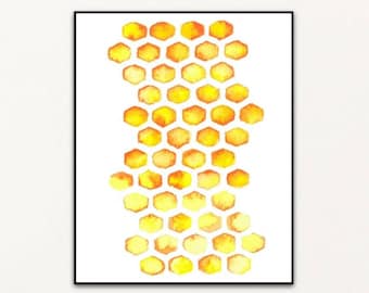Peut inclure: Une peinture à l'aquarelle encadrée d'un motif de nid d'abeille dans des tons de jaune et d'orange.