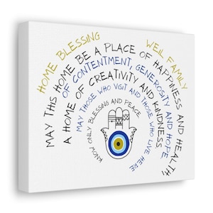 Personalized Hamsa Blessing for the Home on Canvas | Modern JEWISH HOME BLESSING sign | Jewish art | Birkat HaBayit | Custom family name