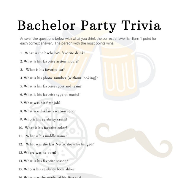 Bachelor Party Trivia Printable Quiz Game Digital Download