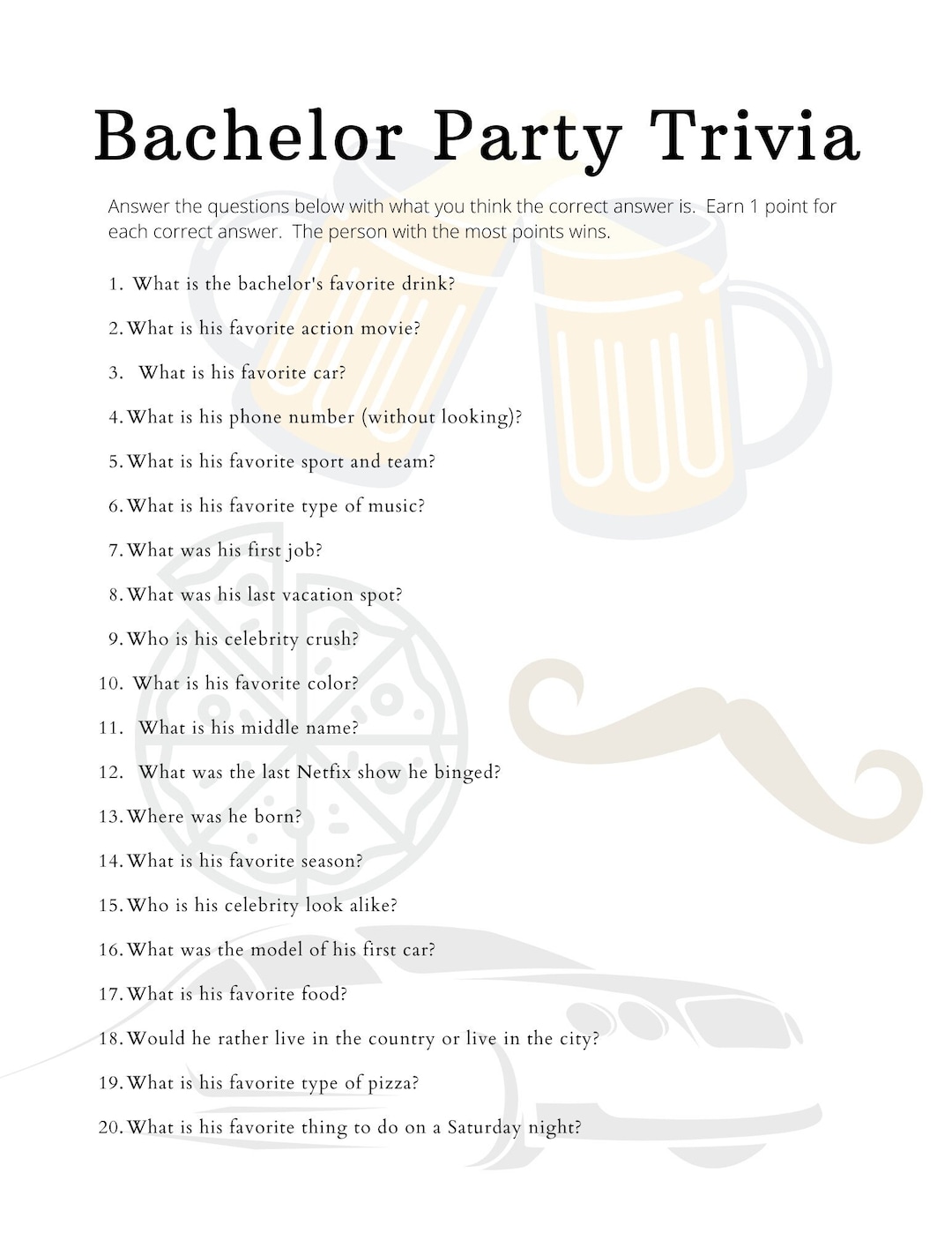 Bachelor Party Trivia Printable Quiz Game Digital Download Etsy