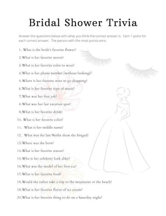 Bridal Shower Trivia Printable Quiz Game Digital Download - Etsy