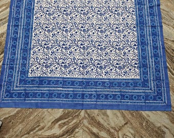 Indigo Blue Floral Printed Cotton Square Tablecloth,Table Cover : Table Throw 42"Inches