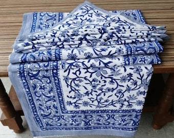 Vintage Hand Block Printed Rectangular Or Round Tablecloth with Napkins: Indigo Floral Organic Cotton