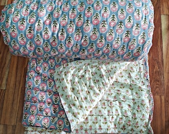 Floral Hand Block Printed Cotton Quilt: Reversible Indian Blanket, Bedding Ac Dohar,Comforter,Razai