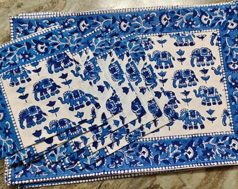 Indian Block Print Placemat Set: Elephant Design, Cotton Canvas (6 Placemats + 6 Napkins)