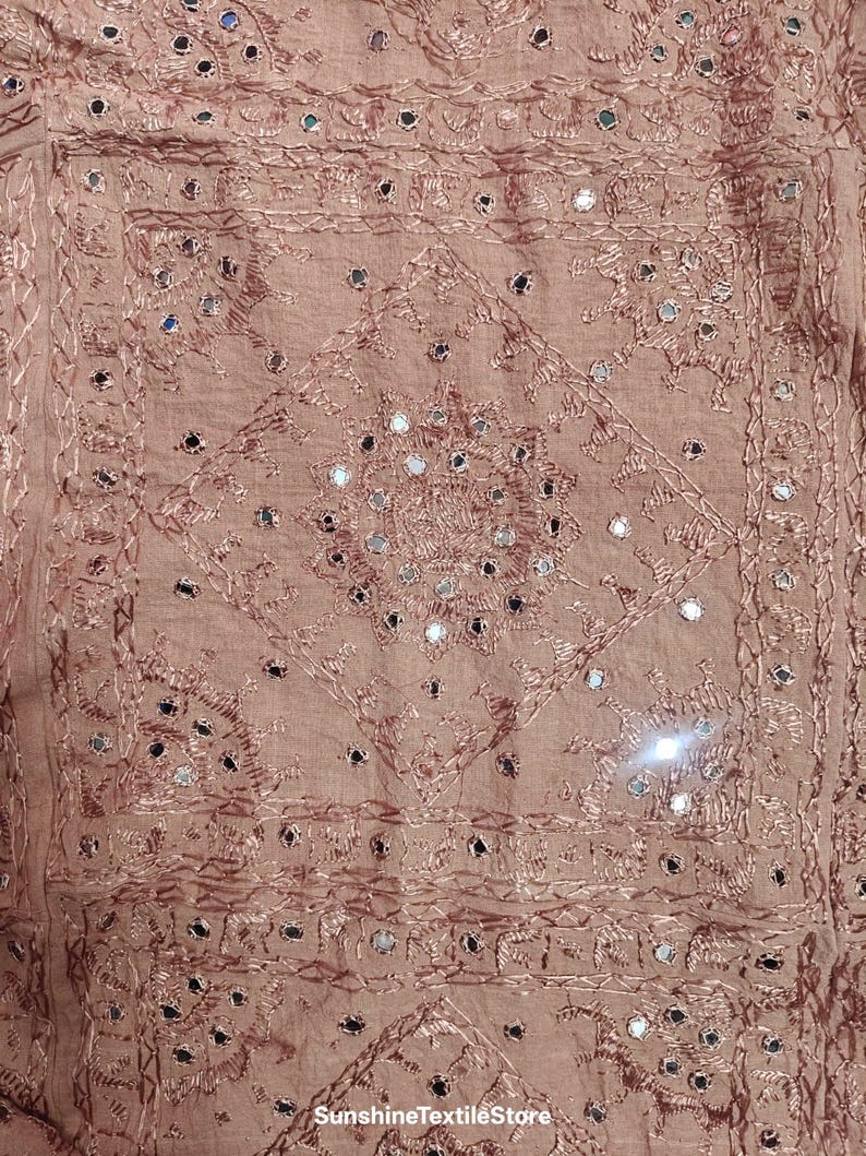 Vintage Handmade Art Silk Bedspread: Embroidered Mirror Work Cotton Bedcover,Bedding Throw image 9