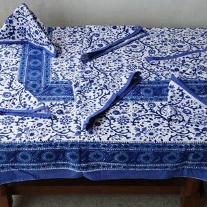 Hand Block Printed Cotton Tablecloth: White on Blue Floral, with Napkins