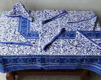 Hand Block Printed Cotton Round/Rectangular /Square Tablecloth: Blue Floral with Napkins