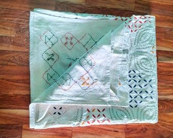Multi-color Hand Stitched Kantha Tan-Work Bedspread: Reversible Applique Cotton Cut-Work Bed Throw,Bedcover