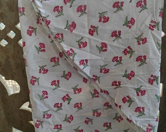 Hand Block Printed Floral Round Cotton Tablecloth: White on Pink, Green Table Cover