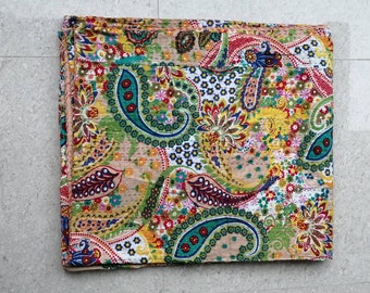 Hand Printed Paisley Kantha Stitch Bedding Bedcover: Reversible Cotton Bedspread,Throw