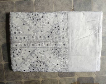 White Silk Floral Embroidered Cotton Bedspread: Indian Mirror work Bedding,Bedspread,Bedcover,Throw