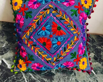 Hand Embroidered Floral Pillow Cover: Indian Sujani Cotton Cushion